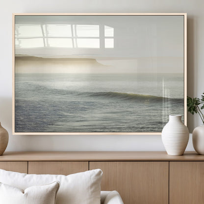 39310633-MGV-FP-36X24-3P_Natural-Coastal Cliffs Wall Art Canvas Print, Framed Misty Ocean Art Picture Print, Morning Light Perfect Minimalistic Coastal Decor