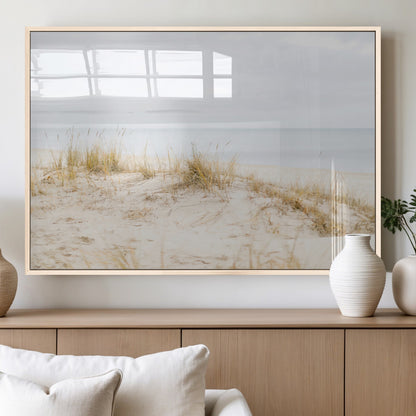 13146857-MGV-FP-36X24-3P_Natural-Beach Dunes Wall Art Canvas Print, Framed Soft Horizon Art Picture Print, Coastal Grass Perfect Minimalist Coastal Decor Artwork