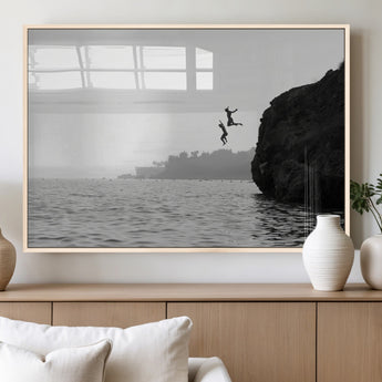 52284302-MGV-FP-60X30-3P_Natural-Cliff Jumping Wall Art Canvas Print, Framed Ocean Adventure Art Picture Print, Black White Coast Perfect Modern Coastal Decor
