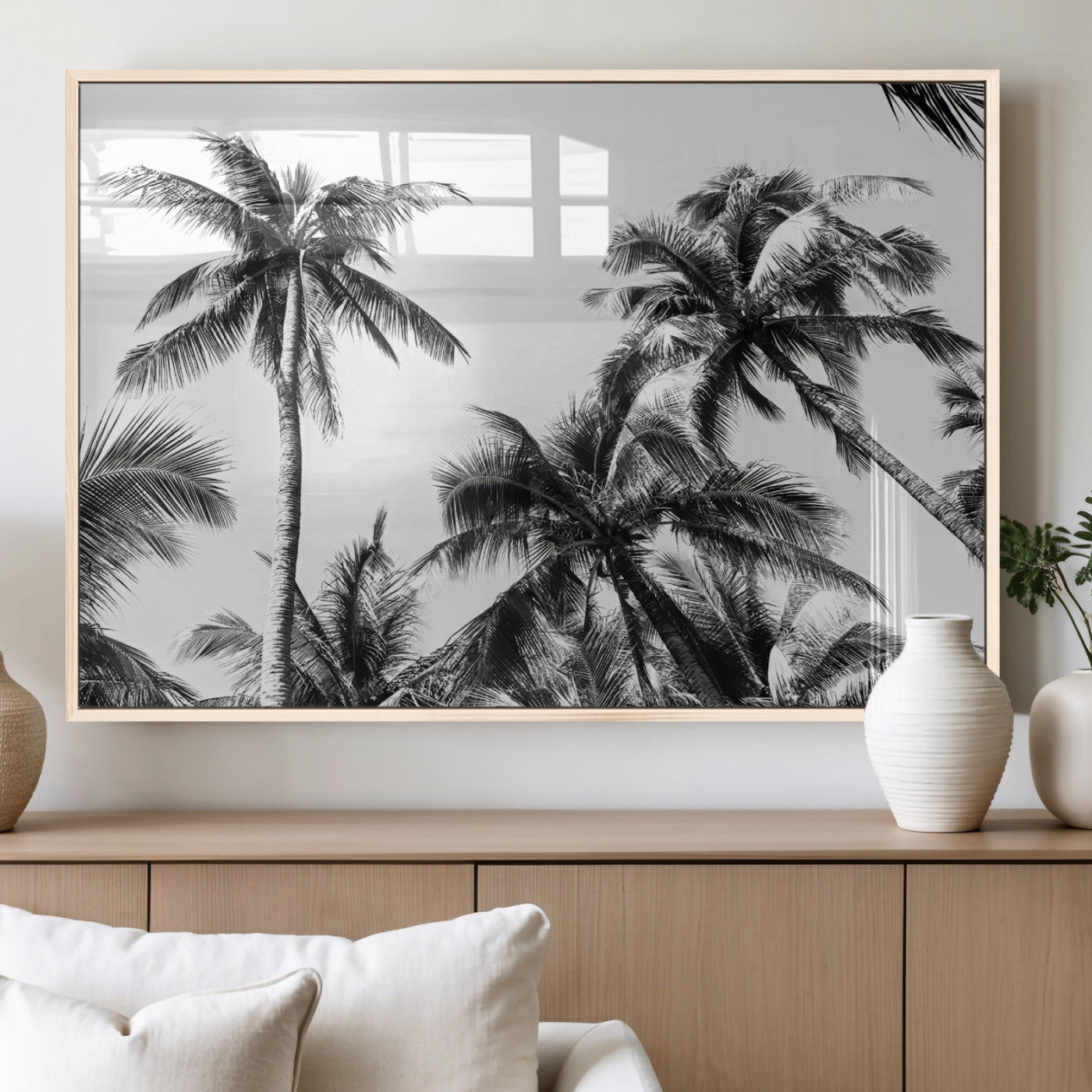 46641801-MGV-FP-60X30-3P_Natural-Palm Tree Wall Art Canvas Print, Framed Black White Tropics Art Picture Print, Monochrome Palms Perfect Modern Tropical Minimalist