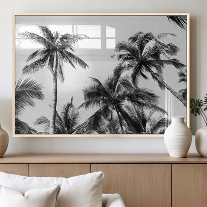 46641801-MGV-FP-60X30-3P_Natural-Palm Tree Wall Art Canvas Print, Framed Black White Tropics Art Picture Print, Monochrome Palms Perfect Modern Tropical Minimalist