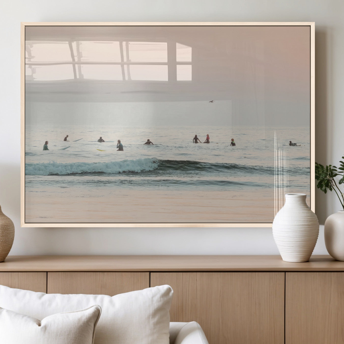98888919-MGV-FP-60X30-3P_Natural-Pastel Ocean Wall Art Canvas Print, Framed Soft Sunset Swimming Art Picture Print, Calm Sea Horizon Perfect Soft Coastal