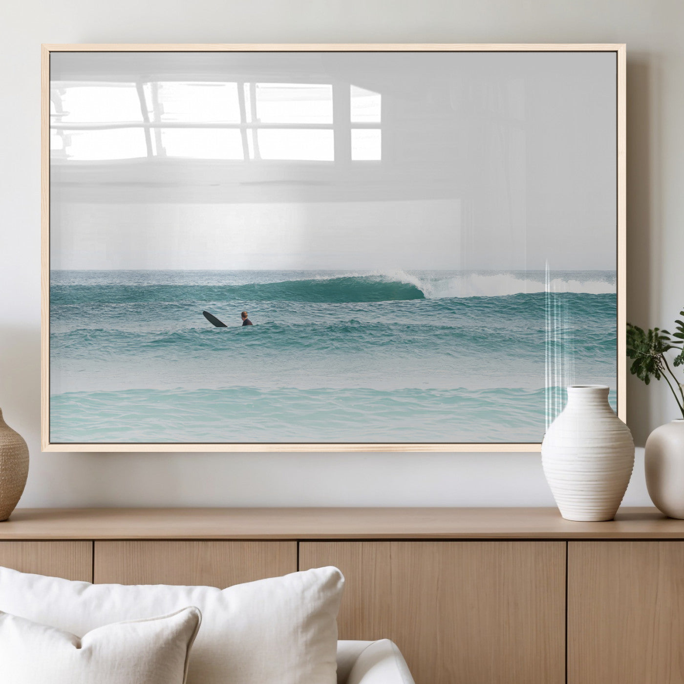 56345117-MGV-FP-60X30-3P_Natural-Minimalist Surfing Wall Art Canvas Print, Framed Ocean Waves Art Picture Print, Soft Ocean Perfect Minimalist Coastal Decor