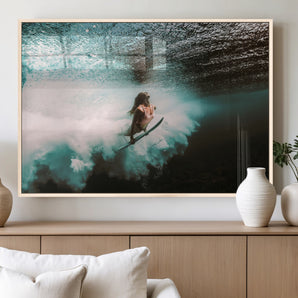 85923512-MGV-FP-60X30-3P_Natural-Aquatic Motion Wall Art Canvas Print, Framed Underwater Swimming Art Picture Print, Female Surfer Diving Perfect Coastal Boho