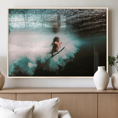 85923512-MGV-FP-60X30-3P_Natural-Aquatic Motion Wall Art Canvas Print, Framed Underwater Swimming Art Picture Print, Female Surfer Diving Perfect Coastal Boho