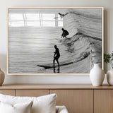 19875284-MGV-FP-60X30-3P_Natural-Surfer Waves Wall Art Canvas Print, Framed Black White Surf Art Picture Print, Monochrome Ocean Perfect Modern Coastal Decor