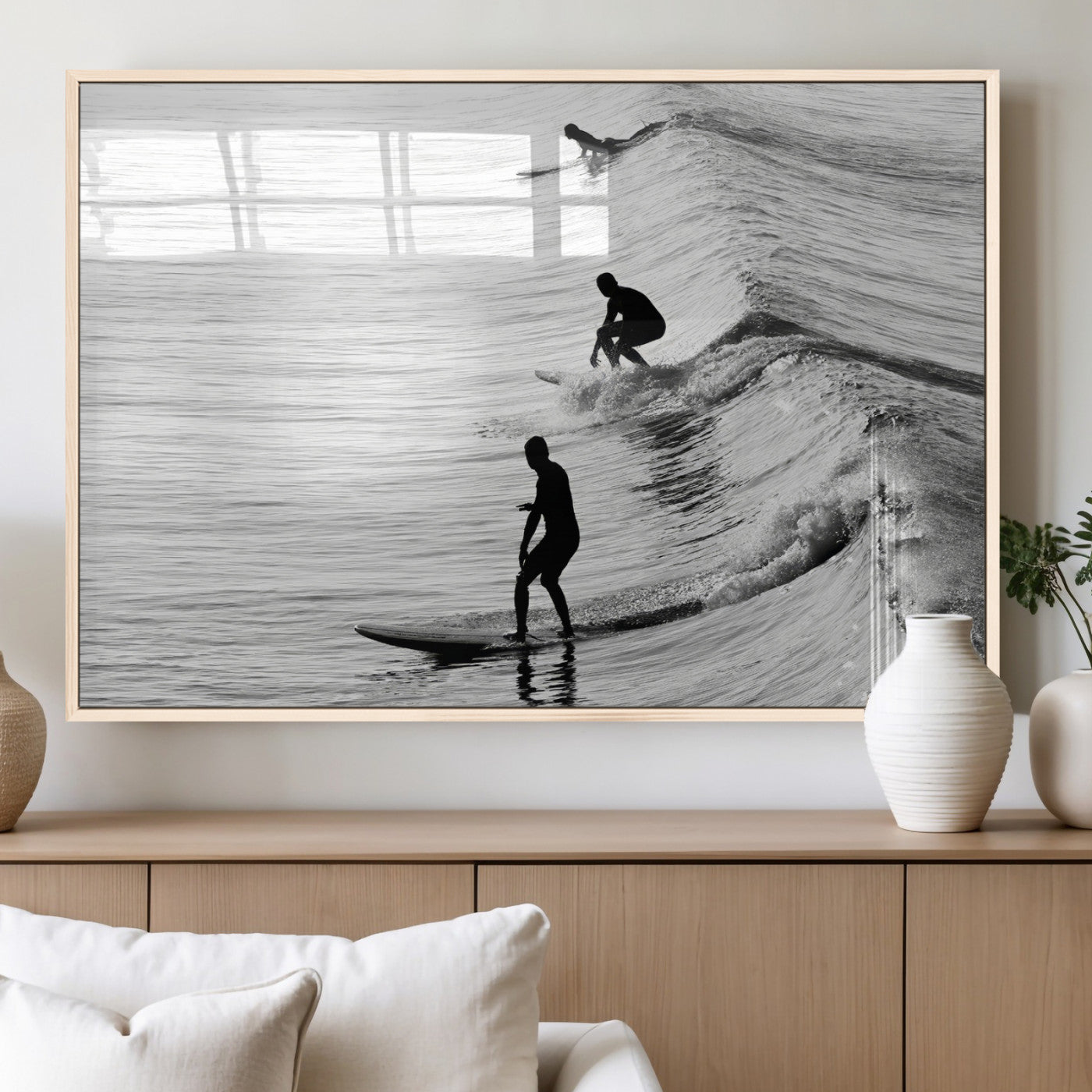 19875284-MGV-FP-36X24-3P_Natural-Surfer Waves Wall Art Canvas Print, Framed Black White Surf Art Picture Print, Monochrome Ocean Perfect Modern Coastal Decor