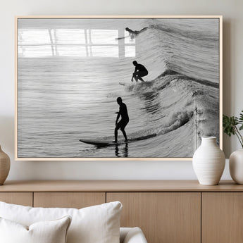 19875284-MGV-FP-36X24-3P_Natural-Surfer Waves Wall Art Canvas Print, Framed Black White Surf Art Picture Print, Monochrome Ocean Perfect Modern Coastal Decor