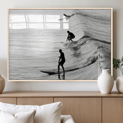 19875284-MGV-FP-36X24-3P_Natural-Surfer Waves Wall Art Canvas Print, Framed Black White Surf Art Picture Print, Monochrome Ocean Perfect Modern Coastal Decor