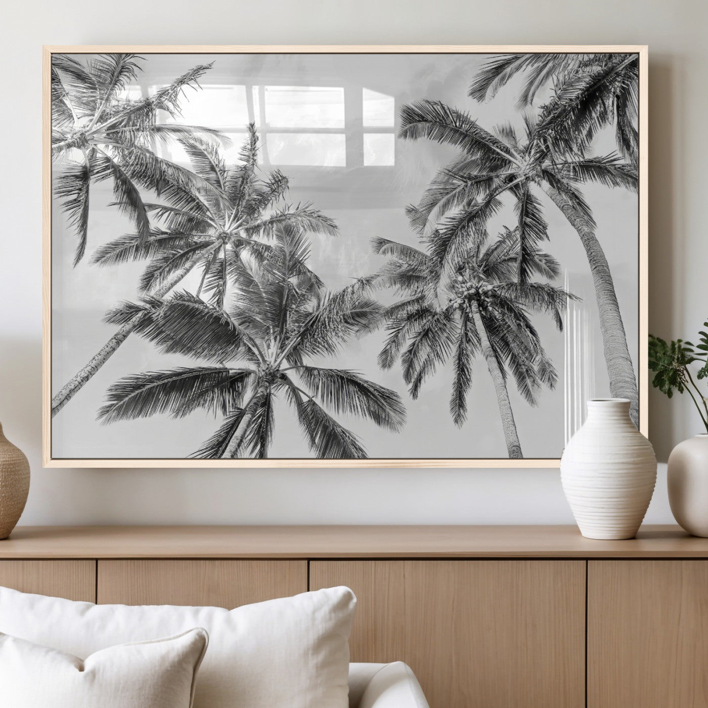 62113786-MGV-FP-60X30-3P_Natural-Black White Palm Wall Art Canvas Print, Framed Monochrome Tropics Art Picture Print, Minimalist Beach Perfect Coastal Minimalist