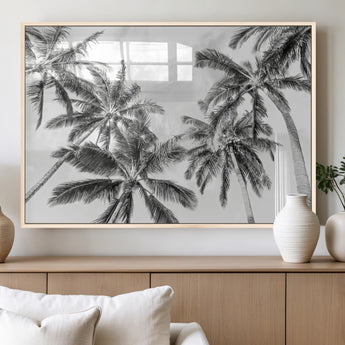 62113786-MGV-FP-60X30-3P_Natural-Black White Palm Wall Art Canvas Print, Framed Monochrome Tropics Art Picture Print, Minimalist Beach Perfect Coastal Minimalist