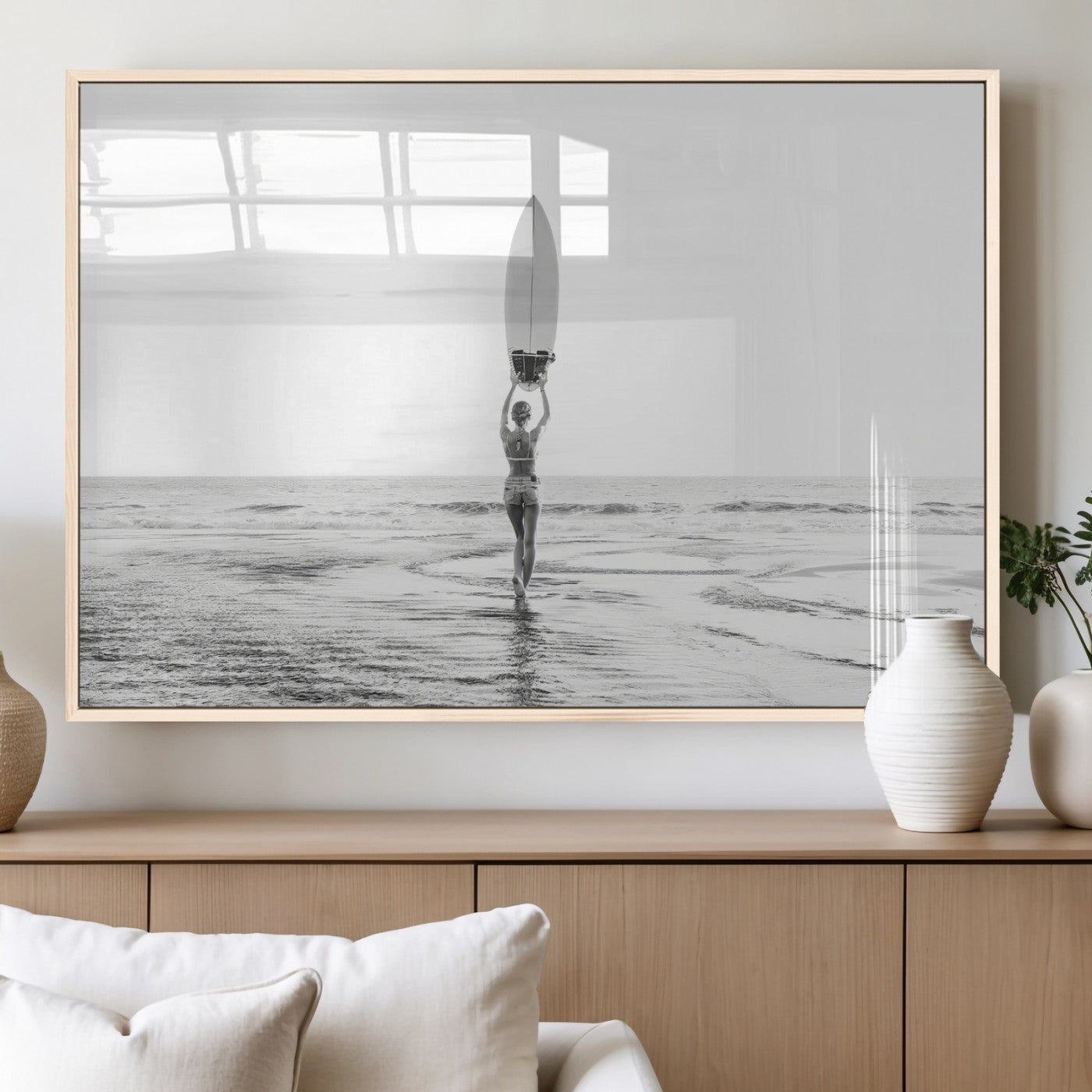 98446901-MGV-FP-36X24-3P_Natural-Monochrome Surf Wall Art Canvas Print, Framed Minimalist Surfer Art Picture Print, Surfboard Silhouette Perfect Coastal Minimalist