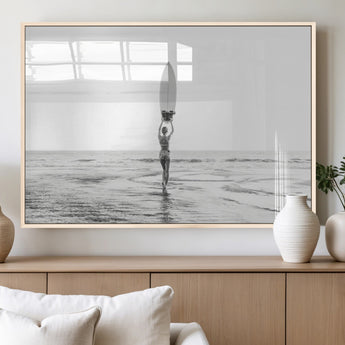 98446901-MGV-FP-36X24-3P_Natural-Monochrome Surf Wall Art Canvas Print, Framed Minimalist Surfer Art Picture Print, Surfboard Silhouette Perfect Coastal Minimalist