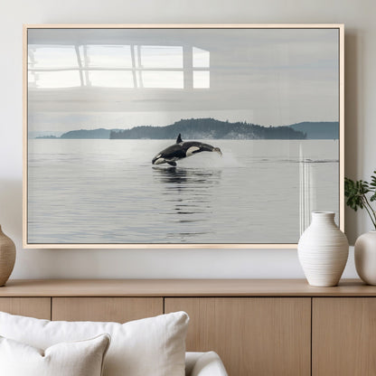 10157174-MGV-FP-60X30-3P_Natural-Orca Whale Wall Art Canvas Print, Framed Black White Whale Art Picture Print, Minimalist Ocean Perfect Coastal Minimalist Decor