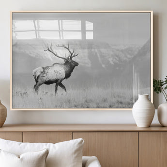 62278753-MGV-FP-36X24-3P_Natural-Monochrome Elk Wall Art Canvas Print, Framed Mountain Wildlife Art Picture Print, Rustic Nature Perfect Rustic Minimalist Decor