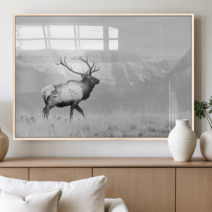 62278753-MGV-FP-36X24-3P_Natural-Monochrome Elk Wall Art Canvas Print, Framed Mountain Wildlife Art Picture Print, Rustic Nature Perfect Rustic Minimalist Decor