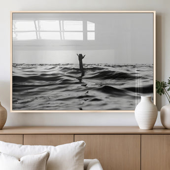 69541918-MGV-FP-60X30-3P_Natural-Black White Ocean Wall Art Canvas Print, Framed Moody Seascape Art Picture Print, Surfer Sign Perfect Moody Minimalist Decor
