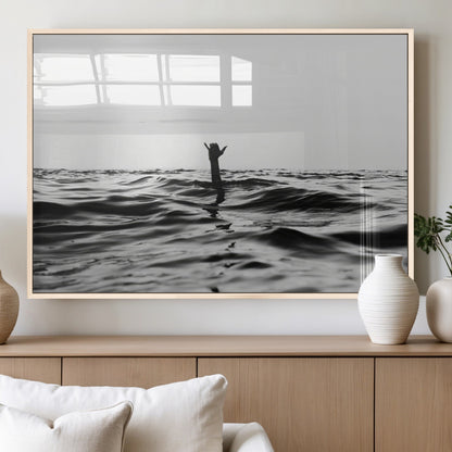 69541918-MGV-FP-60X30-3P_Natural-Black White Ocean Wall Art Canvas Print, Framed Moody Seascape Art Picture Print, Surfer Sign Perfect Moody Minimalist Decor
