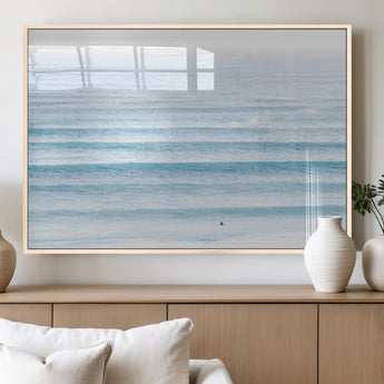 77145995-MGV-FP-36X24-3P_Natural-Ocean Simplicity Wall Art Canvas Print, Framed Surfer on Water Art Picture Print, Light Blue Perfect Coastal Minimalist Decor