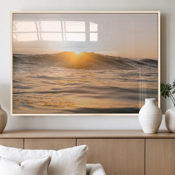16973771-MGV-FP-60X30-3P_Natural-Calm Water Wall Art Canvas Print, Framed Sunset Waves Art Picture Print, Coastal Warmth Perfect Warm Minimalist Decor Artwork