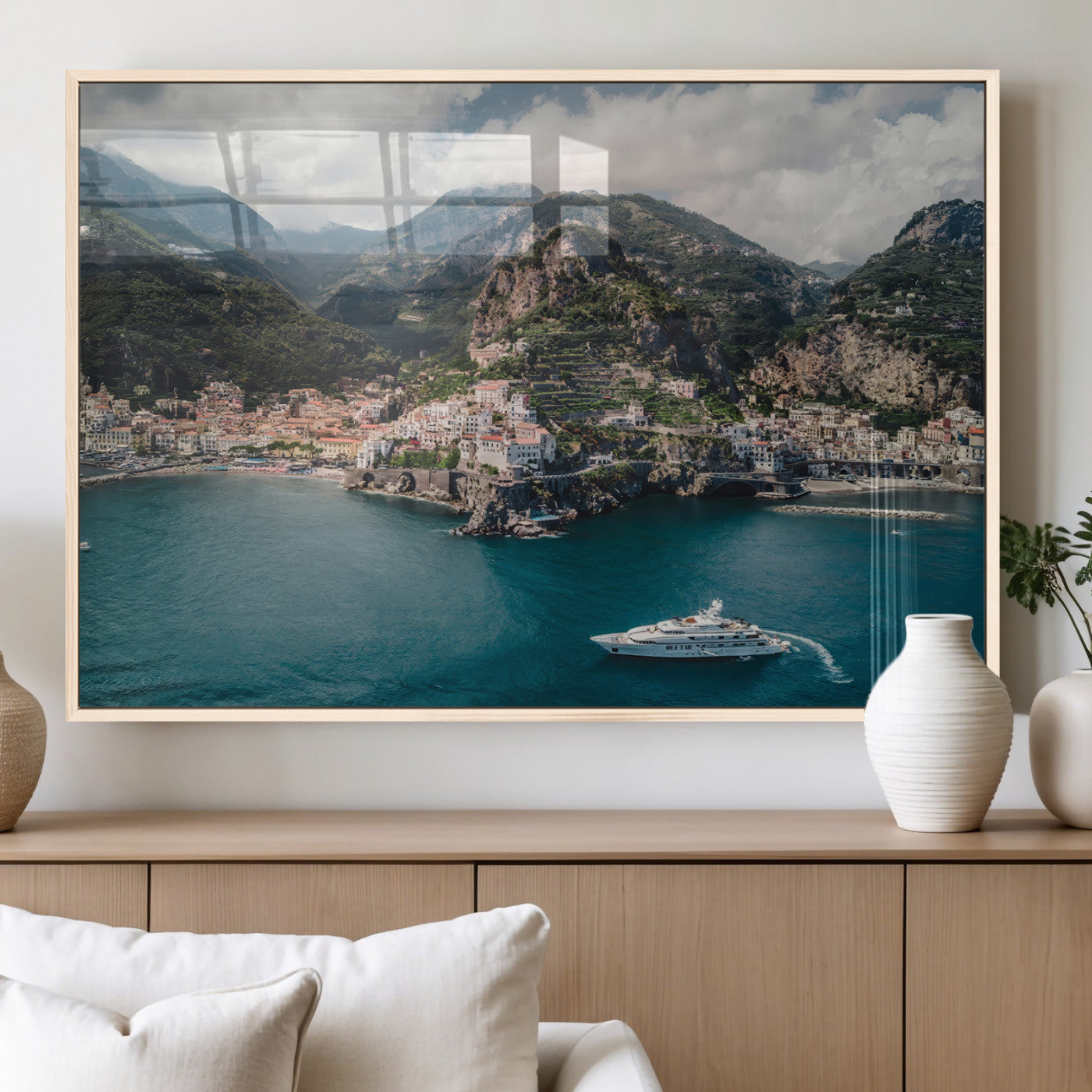 20321590-MGV-FP-60X30-3P_Natural-Amalfi Coast Wall Art Canvas Print, Framed Italy Travel Art Picture Print, Mediterranean Landscape Perfect Mediterranean Coastal