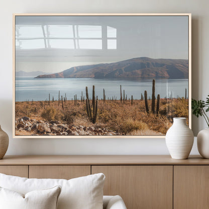 45193515-MGV-FP-36X24-3P_Natural-Desert Cactus Wall Art Canvas Print, Framed Baja Coastline Art Picture Print, Coastal Desert Perfect Southwestern Minimalist Decor