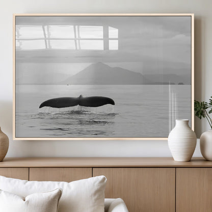30524220-MGV-FP-36X24-3P_Natural-Whale Tail Wall Art Canvas Print, Framed Black White Ocean Art Picture Print, Calm Marine Perfect Minimalist Coastal Decor Artwork