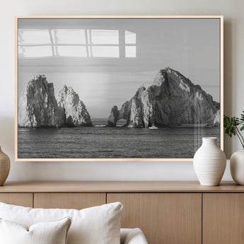 18810731-MGV-FP-36X24-3P_Natural-Rugged Coastline Wall Art Canvas Print, Framed Ocean Cliffs Art Picture Print, Monochrome Seascape Perfect Coastal Minimalist