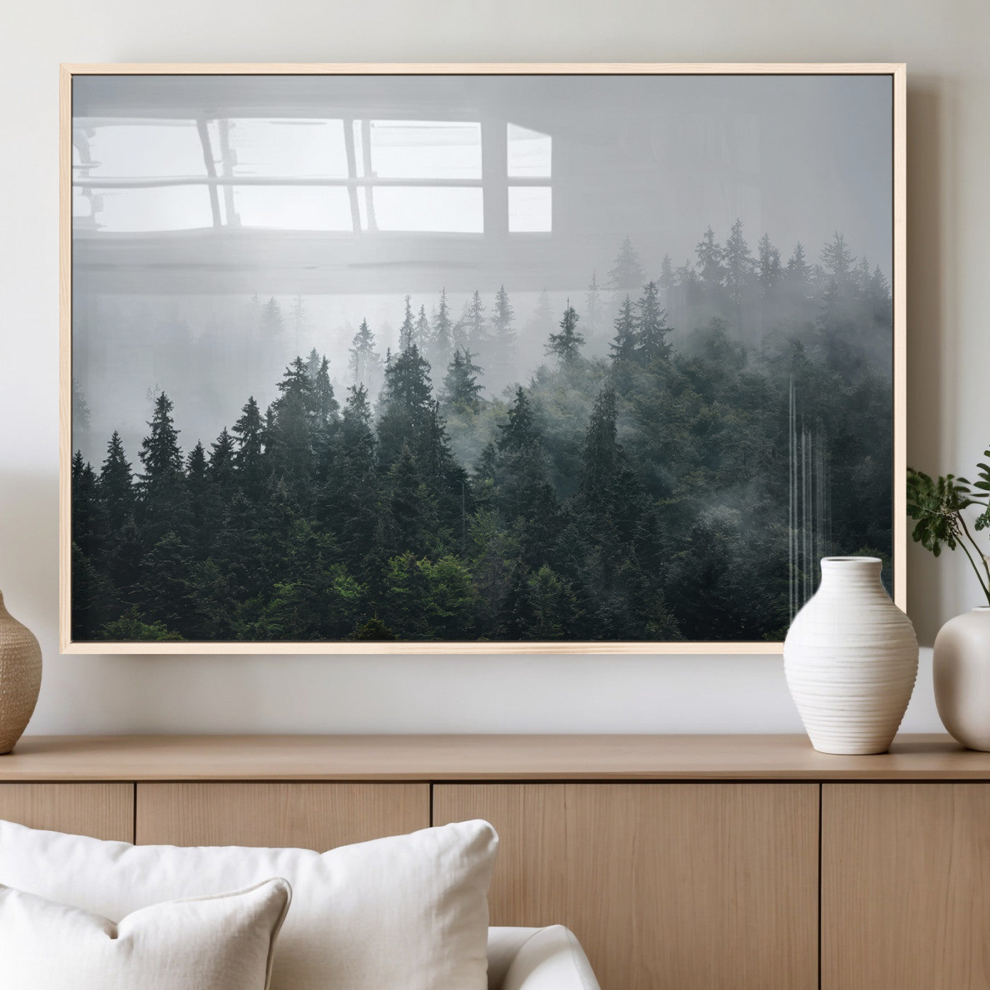 84146572-MGV-FP-60X30-3P_Natural-Foggy Pine Trees Wall Art Canvas Print, Framed Forest Nature Art Picture Print, Evergreen Forest Perfect Scandinavian Minimalist
