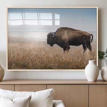 99620201-MGV-FP-60X30-3P_Natural-Wild Bison Wall Art Canvas Print, Framed Bison in Prairie Art Picture Print, Rustic Western Perfect Rustic Western Decor Artwork