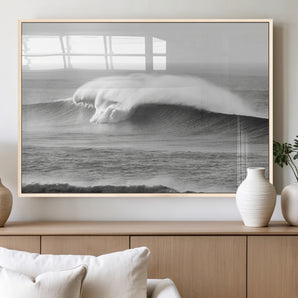 42544082-MGV-FP-60X30-3P_Natural-Monochrome Seascape Wall Art Canvas Print, Framed Surf Wave Art Picture Print, Minimalist Ocean Perfect Moody Coastal Decor