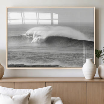 42544082-MGV-FP-60X30-3P_Natural-Monochrome Seascape Wall Art Canvas Print, Framed Surf Wave Art Picture Print, Minimalist Ocean Perfect Moody Coastal Decor