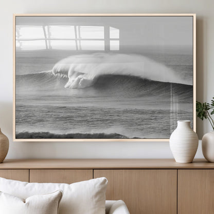 42544082-MGV-FP-60X30-3P_Natural-Monochrome Seascape Wall Art Canvas Print, Framed Surf Wave Art Picture Print, Minimalist Ocean Perfect Moody Coastal Decor