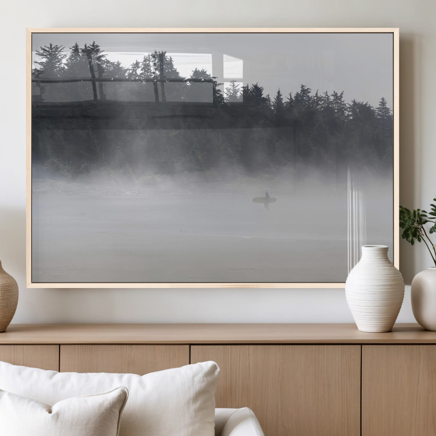 59703275-MGV-FP-60X30-3P_Natural-Surfer in Fog Wall Art Canvas Print, Framed Foggy Beach Art Picture Print, Coastal Surf Perfect Moody Coastal Decor Artwork