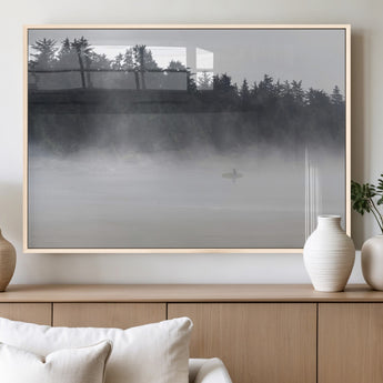 59703275-MGV-FP-60X30-3P_Natural-Surfer in Fog Wall Art Canvas Print, Framed Foggy Beach Art Picture Print, Coastal Surf Perfect Moody Coastal Decor Artwork