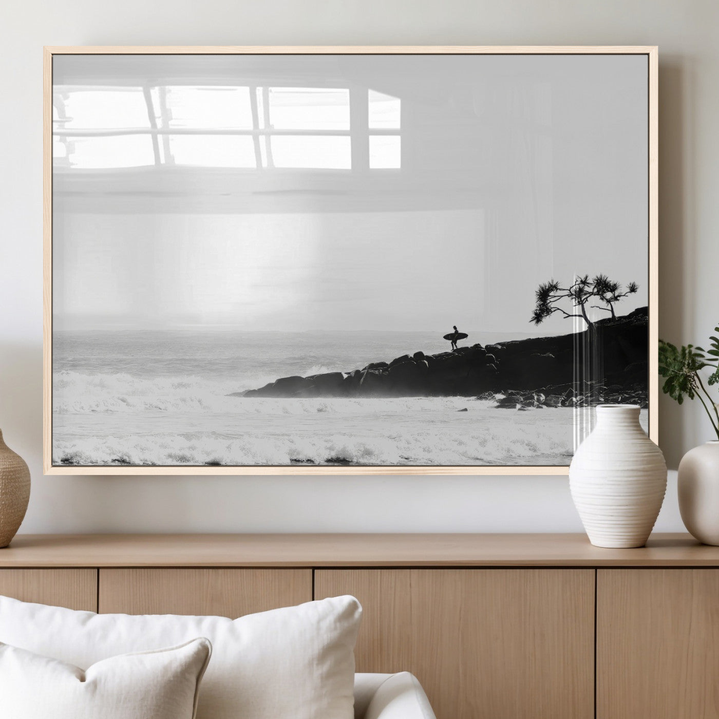 40875891-MGV-FP-36X24-3P_Natural-SurferCliffs Wall Art Canvas Print, Framed Black White Beach Art Picture Print, Ocean Waves Perfect Minimalist Coastal Decor