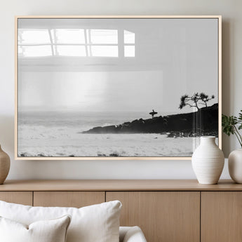 40875891-MGV-FP-36X24-3P_Natural-SurferCliffs Wall Art Canvas Print, Framed Black White Beach Art Picture Print, Ocean Waves Perfect Minimalist Coastal Decor