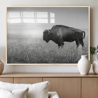 28435251-MGV-FP-60X30-3P_Natural-Bison In Prairie Wall Art Canvas Print, Framed Rustic Wildlife Art Picture Print, Wild Buffalo Perfect Rustic Western Decor