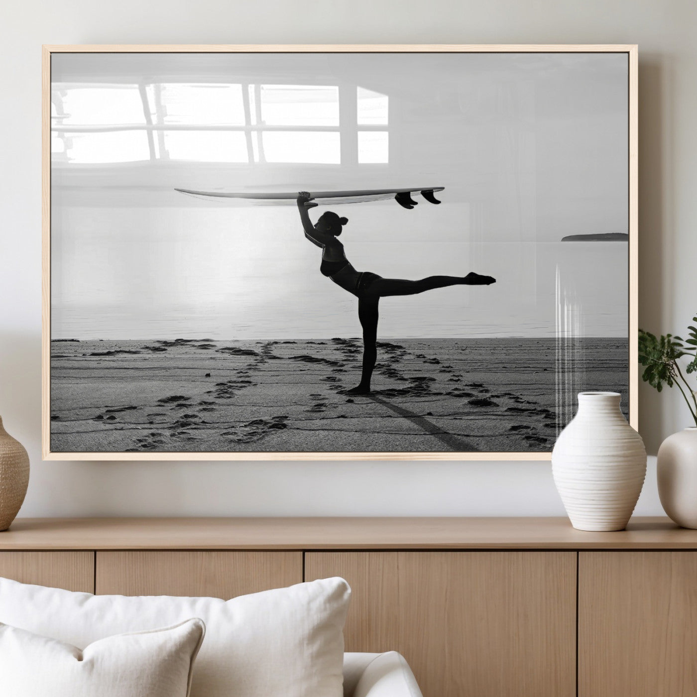 28441356-MGV-FP-60X30-3P_Natural-Yoga Surf Wall Art Canvas Print, Framed Black White Shore Art Picture Print, Peaceful Ocean Perfect Minimalist Coastal Decor