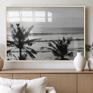 17508038-MGV-FP-60X30-3P_Natural-Tropical Coastline Wall Art Canvas Print, Framed Palm Trees Art Picture Print, Ocean Waves Perfect Minimalist Coastal Decor