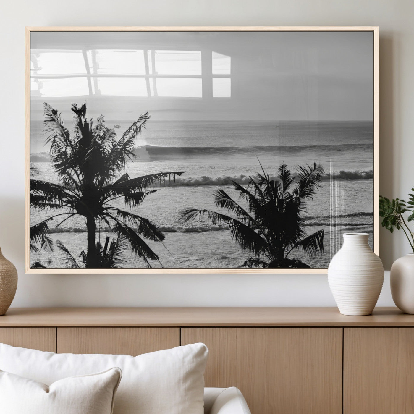 17508038-MGV-FP-60X30-3P_Natural-Tropical Coastline Wall Art Canvas Print, Framed Palm Trees Art Picture Print, Ocean Waves Perfect Minimalist Coastal Decor