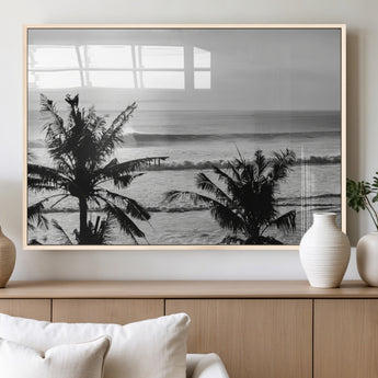 17508038-MGV-FP-60X30-3P_Natural-Tropical Coastline Wall Art Canvas Print, Framed Palm Trees Art Picture Print, Ocean Waves Perfect Minimalist Coastal Decor
