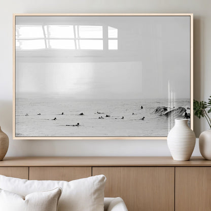 38441169-MGV-FP-60X30-3P_Natural-Monochrome Swimming Wall Art Canvas Print, Framed Ocean Horizon Art Picture Print, Moody Coastal Perfect Minimalist Coastal Decor