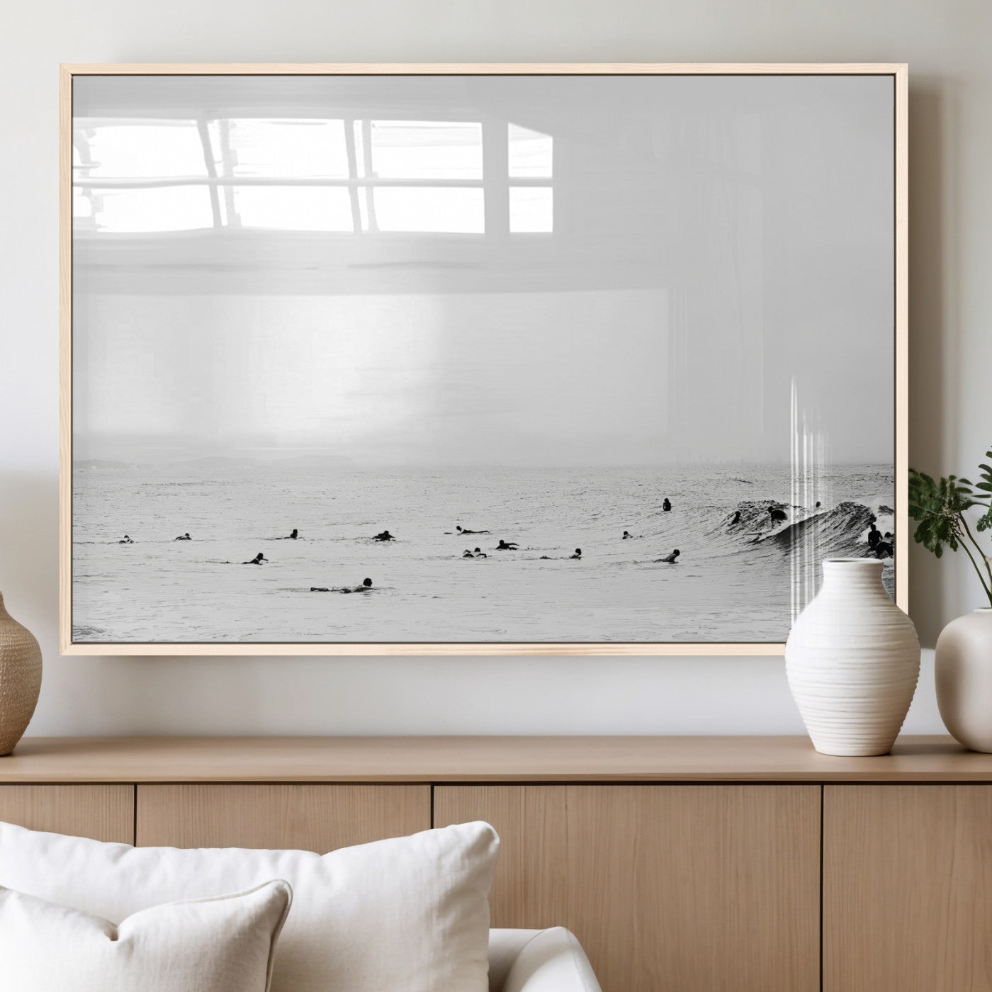 38441169-MGV-FP-36X24-3P_Natural-Monochrome Swimming Wall Art Canvas Print, Framed Ocean Horizon Art Picture Print, Moody Coastal Perfect Minimalist Coastal Decor