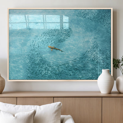 43671474-MGV-FP-60X30-3P_Natural-Fish Swarm Wall Art Canvas Print, Framed Marine Life Art Picture Print, Shark Aerial Perfect Wildlife Coastal Decor Artwork