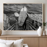 32353707-MGV-FP-60X30-3P_Natural-Black White Surfing Wall Art Canvas Print, Framed Coastal Surfing Art Picture Print, Wave Riders Perfect Coastal Adventure Decor
