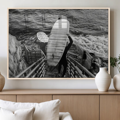 32353707-MGV-FP-36X24-3P_Natural-Black White Surfing Wall Art Canvas Print, Framed Coastal Surfing Art Picture Print, Wave Riders Perfect Coastal Adventure Decor