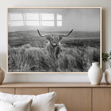 24051061-MGV-FP-36X24-3P_Natural-Monochrome Highland Cow Wall Art Canvas Print, Framed Scottish Bull Art Picture Print, Lone Cattle Perfect Rustic Farmhouse Decor