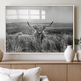 24051061-MGV-FP-36X24-3P_Natural-Monochrome Highland Cow Wall Art Canvas Print, Framed Scottish Bull Art Picture Print, Lone Cattle Perfect Rustic Farmhouse Decor
