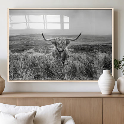 24051061-MGV-FP-36X24-3P_Natural-Monochrome Highland Cow Wall Art Canvas Print, Framed Scottish Bull Art Picture Print, Lone Cattle Perfect Rustic Farmhouse Decor